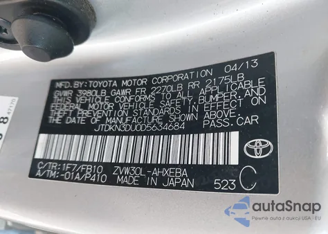 2013 Toyota Prius Three z USA, uszkodzony, nr VIN JTDKN3DU0D5634684